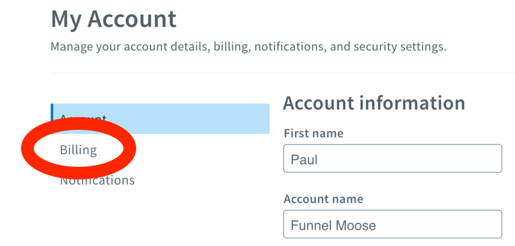 AWeber my account billing page